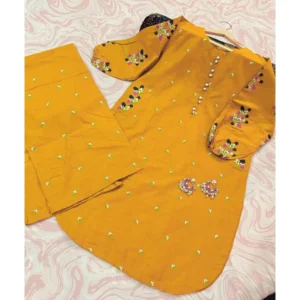 Yellow Embroidered 2-Piece Cotton Outfit for Ladies